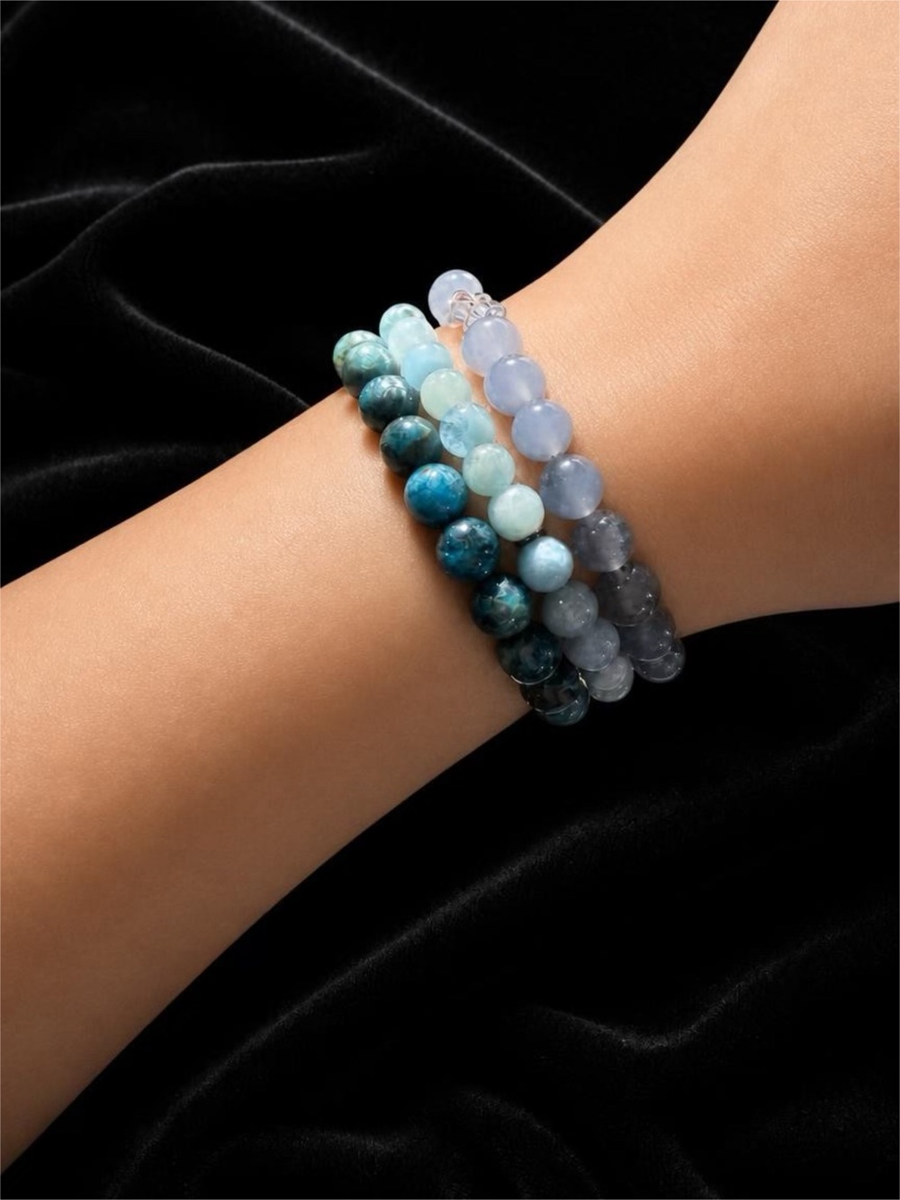 Three Beaded Stretch Bracelets in Shades of Blue and Gray
